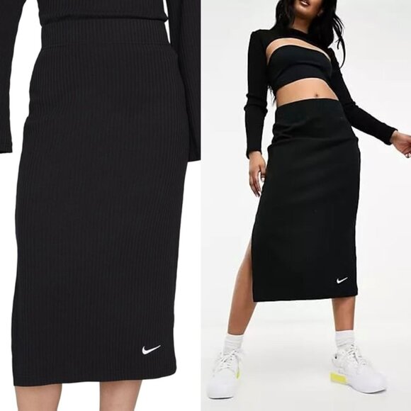 Nike Sportswear Women's S High-Waisted Slim Fit Ribbed Jersey Midi Skirt Black - Picture 2 of 15